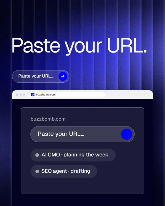 Instagram portrait post for BuzzBomb: "Paste your URL." Agentic glass style, browser layout, dark palette in blue, black.