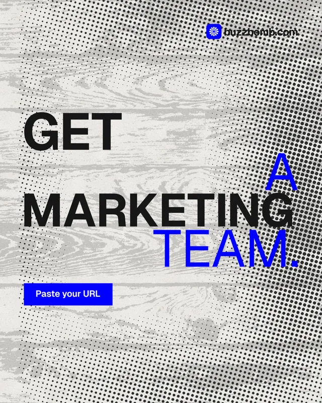Instagram portrait post for BuzzBomb: "Get a marketing team." Swiss style, stacked layout, light palette in grey, white.