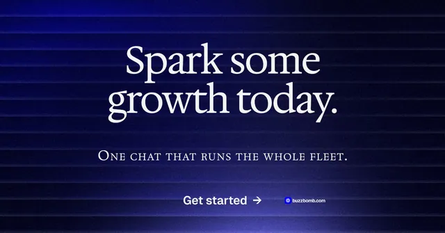 Social ad for BuzzBomb: "Spark some growth today." Agentic glass style, smallcaps layout, dark palette in black, blue.