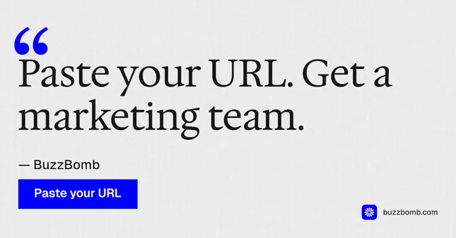 Social ad for BuzzBomb: "Distribution, solved." Swiss style, quote layout, light palette in white, blue.