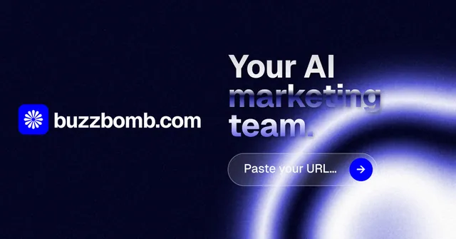 Social ad for BuzzBomb: "Your AI marketing team." Agentic glass style, logo hero layout, dark palette in black, blue.
