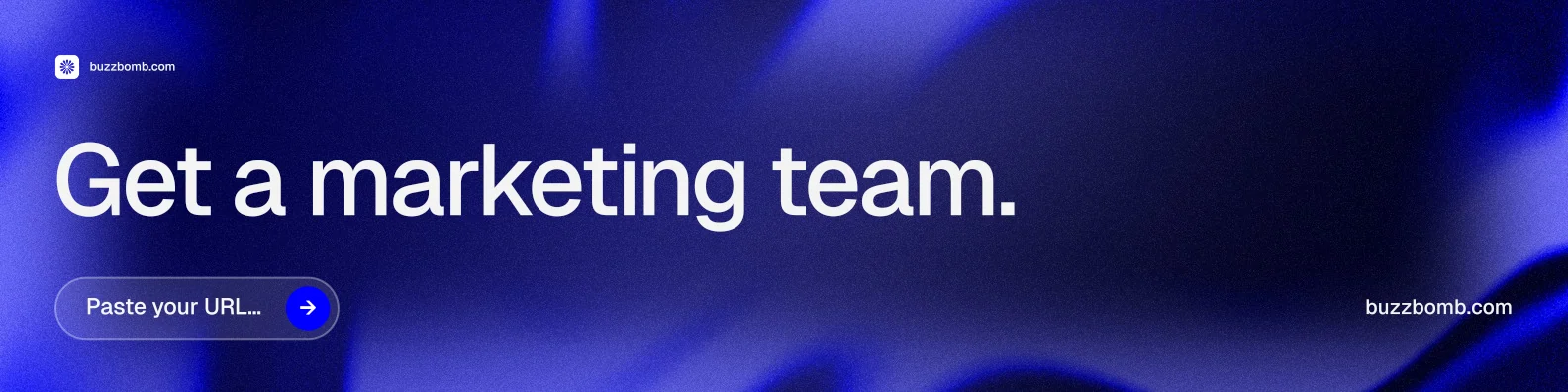 LinkedIn banner for BuzzBomb: "Get a marketing team." Agentic glass style, poster layout, dark palette in blue.