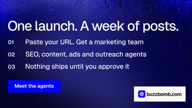 Landscape graphic for BuzzBomb: "One launch. A week of posts." Swiss style, numbered layout, dark palette in blue.