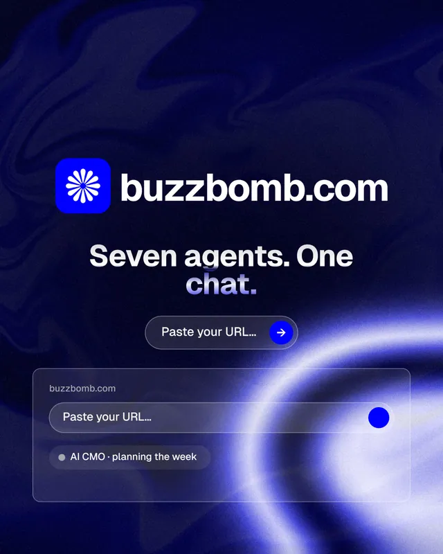 Instagram portrait post for BuzzBomb: "Seven agents. One chat." Agentic glass style, logo hero layout, dark palette in blue, black.