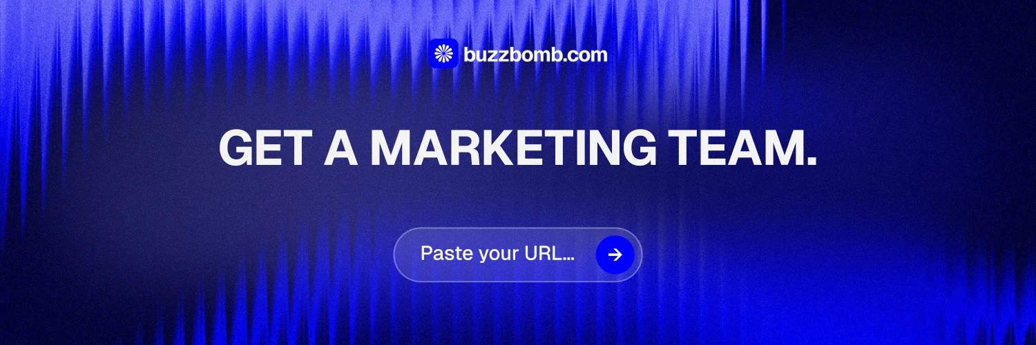X header for BuzzBomb: "Get a marketing team." Agentic glass style, centred layout, dark palette in blue.