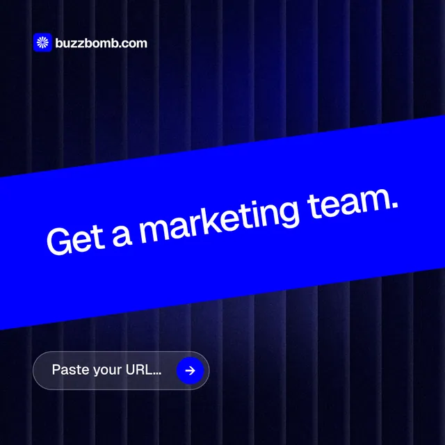 Instagram post for BuzzBomb: "Get a marketing team." Agentic glass style, diagonal layout, dark palette in black, blue.