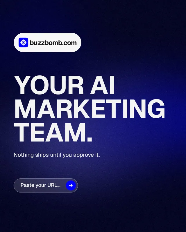Instagram portrait post for BuzzBomb: "Your AI marketing team." Agentic glass style, announce layout, dark palette in black, blue, grey.