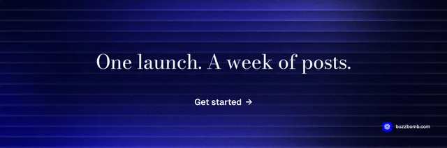 X header for BuzzBomb: "One launch. A week of posts." Minimal luxury style, centred layout, dark palette in black, blue.