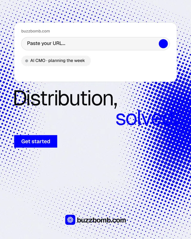 Instagram portrait post for BuzzBomb: "Distribution, solved." Split block style, stacked layout, light palette in blue, white.