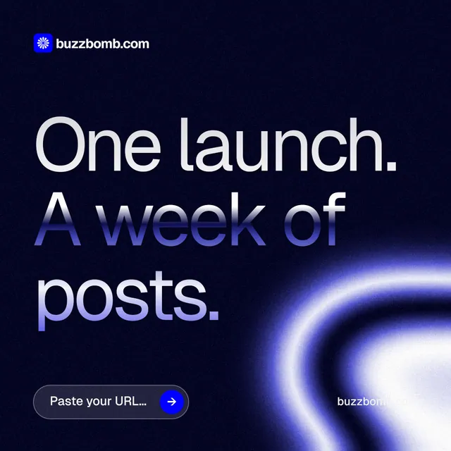 Instagram post for BuzzBomb: "One launch. A week of posts." Agentic glass style, poster layout, dark palette in black, blue.