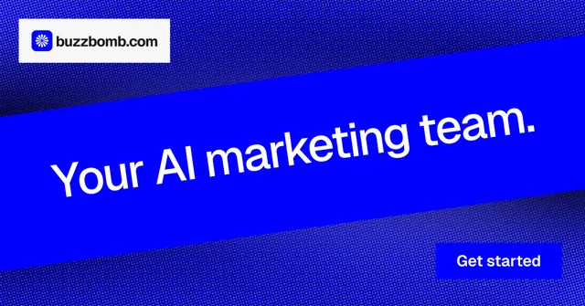 Social ad for BuzzBomb: "Your AI marketing team." Swiss style, diagonal layout, dark palette in blue.