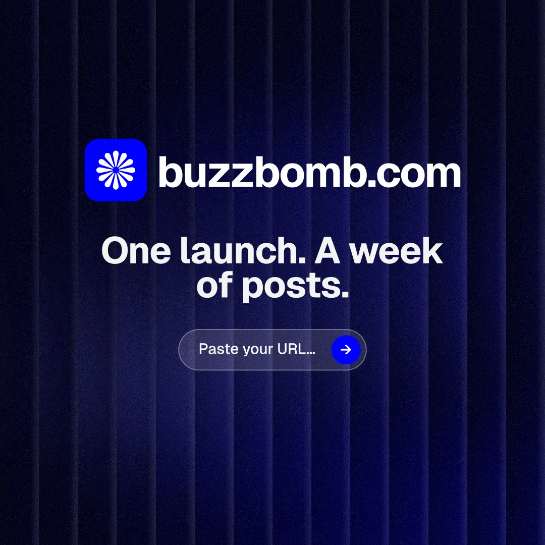 Instagram post for BuzzBomb: "One launch. A week of posts." Agentic glass style, logo hero layout, dark palette in black, blue.