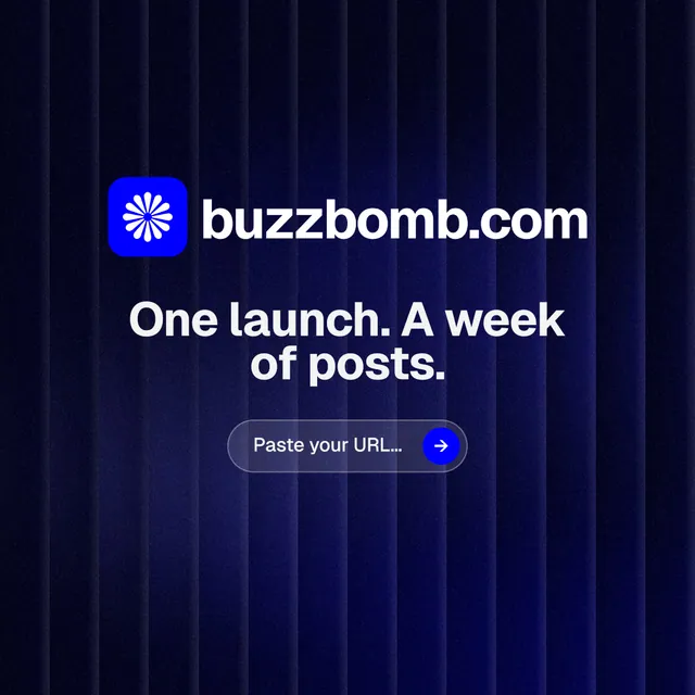 Instagram post for BuzzBomb: "One launch. A week of posts." Agentic glass style, logo hero layout, dark palette in black, blue.