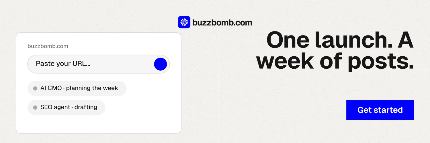 X header for BuzzBomb: "One launch. A week of posts." Swiss style, right layout, light palette in white, grey.