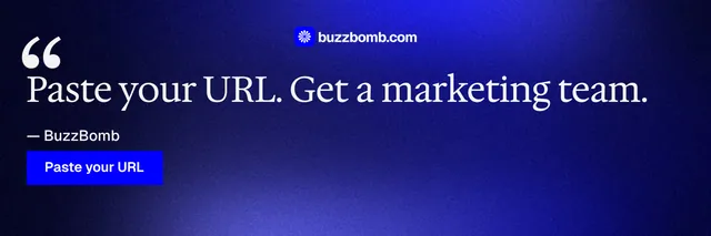 X header for BuzzBomb: "Your AI marketing team." Swiss style, quote layout, dark palette in blue.
