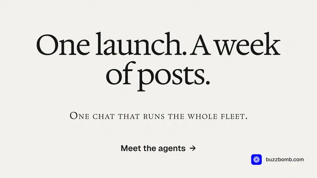 Landscape graphic for BuzzBomb: "One launch. A week of posts." Swiss style, smallcaps layout, light palette in white.