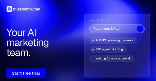 Social ad for BuzzBomb: "Your AI marketing team." Swiss style, bottom layout, dark palette in blue.
