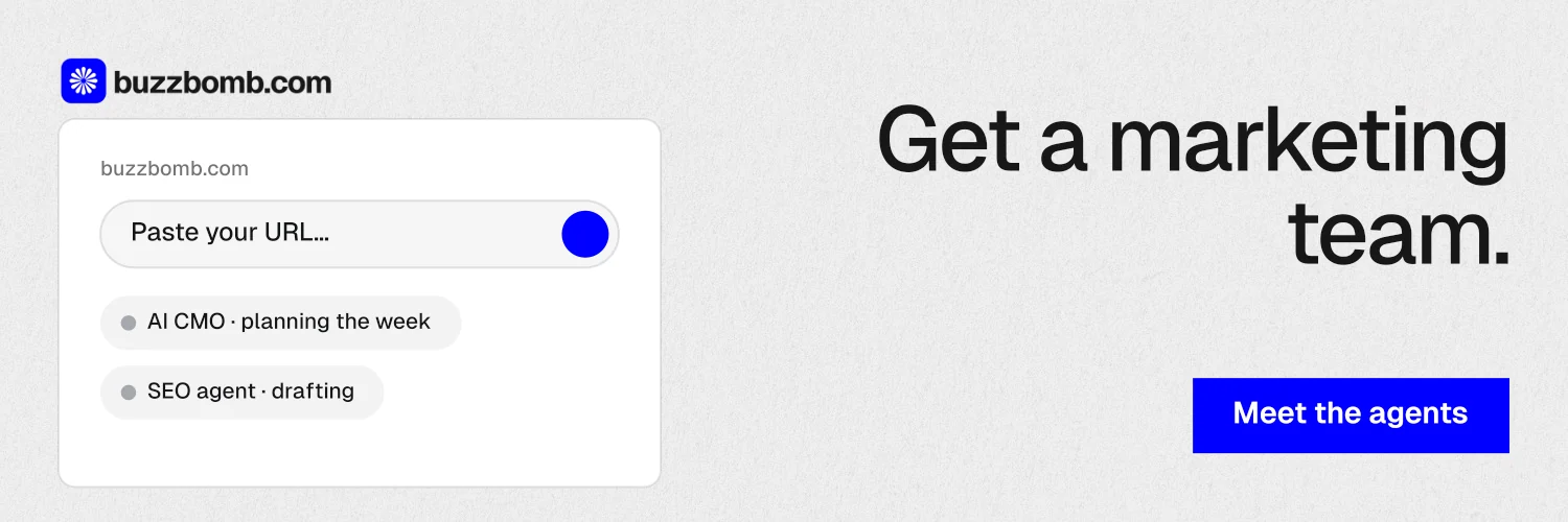 X header for BuzzBomb: "Get a marketing team." Swiss style, right layout, light palette in white, blue.