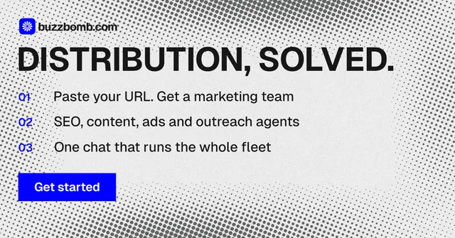 Social ad for BuzzBomb: "Distribution, solved." Swiss style, numbered layout, light palette in white, grey.
