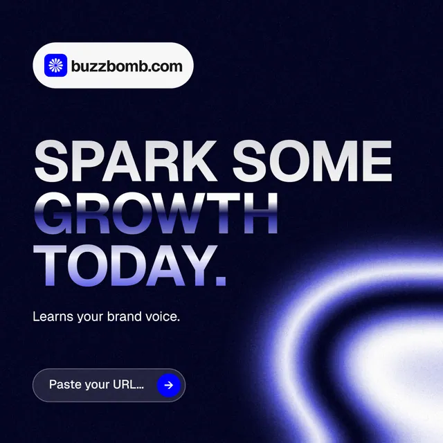 Instagram post for BuzzBomb: "Spark some growth today." Agentic glass style, announce layout, dark palette in black, blue.