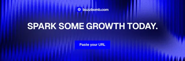 X header for BuzzBomb: "Spark some growth today." Swiss style, centred layout, dark palette in blue.
