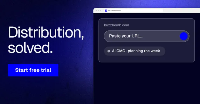 Social ad for BuzzBomb: "Distribution, solved." Swiss style, browser layout, dark palette in black, blue.