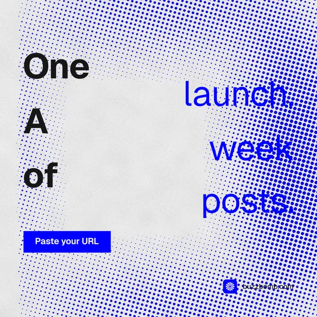 Instagram post for BuzzBomb: "One launch. A week of posts." Swiss style, stacked layout, light palette in blue, white.