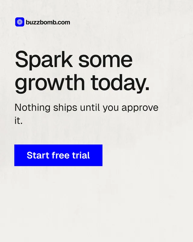 Instagram portrait post for BuzzBomb: "Spark some growth today." Swiss style, skeleton layout, light palette in white, blue.