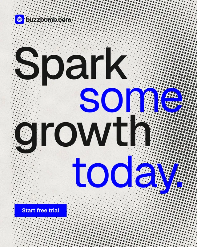 Instagram portrait post for BuzzBomb: "Spark some growth today." Swiss style, stacked layout, light palette in grey, white, blue.