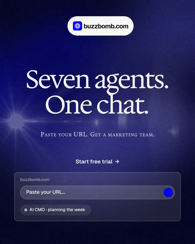 Instagram portrait post for BuzzBomb: "Seven agents. One chat." Agentic glass style, smallcaps layout, dark palette in blue, black, grey.