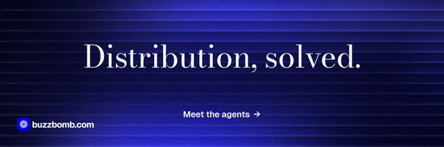 X header for BuzzBomb: "Distribution, solved." Minimal luxury style, centred layout, dark palette in blue, black.