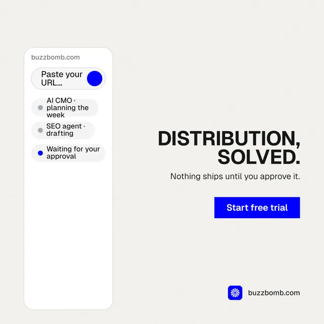 Instagram post for BuzzBomb: "Distribution, solved." Swiss style, right layout, light palette in white.