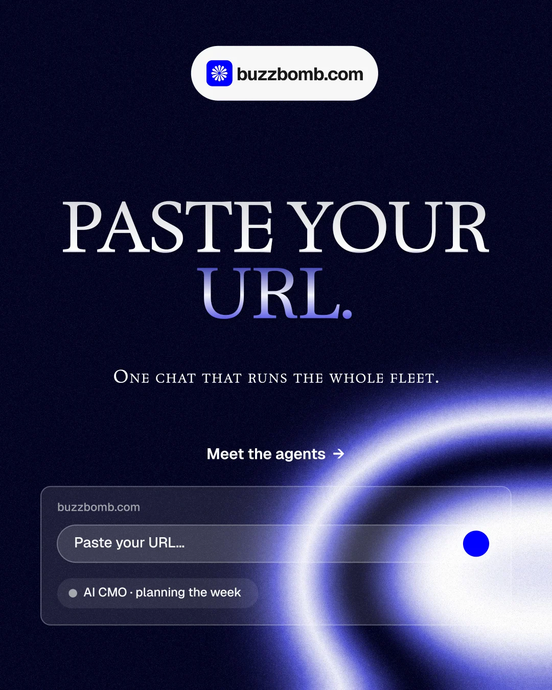 Instagram portrait post for BuzzBomb: "Paste your URL." Agentic glass style, smallcaps layout, dark palette in black, blue.