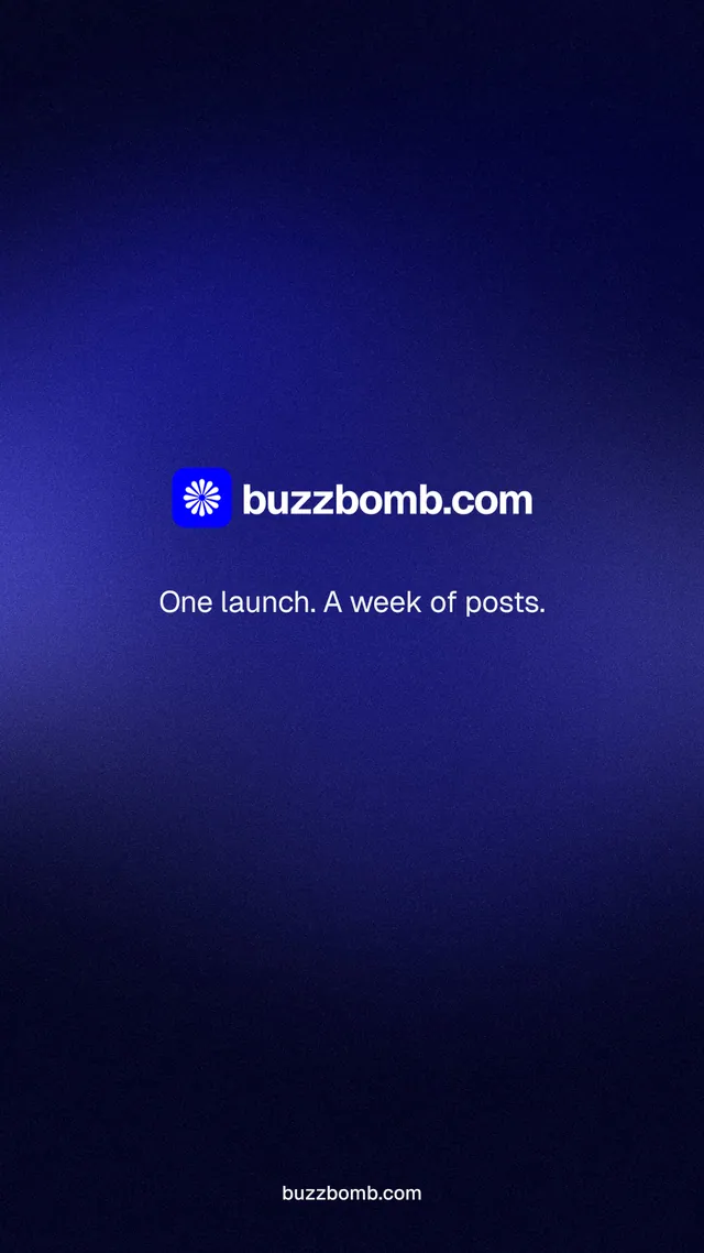 Instagram story for BuzzBomb: "One launch. A week of posts." Swiss style, end card layout, dark palette in black, blue.