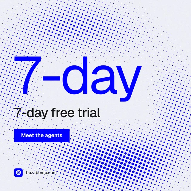 Instagram post for BuzzBomb: "Distribution, solved." Swiss style, stat layout, light palette in blue, white.