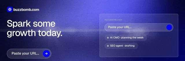 X header for BuzzBomb: "Spark some growth today." Agentic glass style, bottom layout, dark palette in blue.