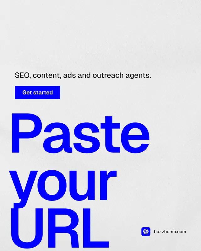 Instagram portrait post for BuzzBomb: "Your AI marketing team." Swiss style, oversized layout, light palette in white, blue.