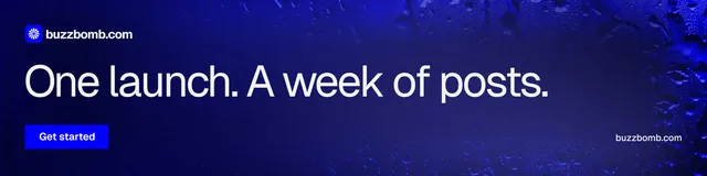 LinkedIn banner for BuzzBomb: "One launch. A week of posts." Swiss style, poster layout, dark palette in blue.