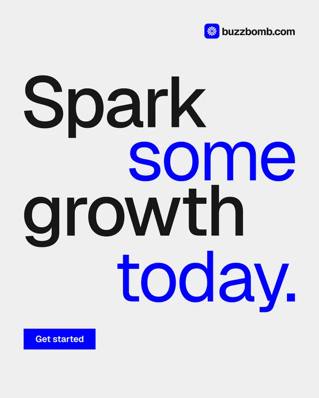 Instagram portrait post for BuzzBomb: "Spark some growth today." Swiss style, stacked layout, light palette in white, blue.