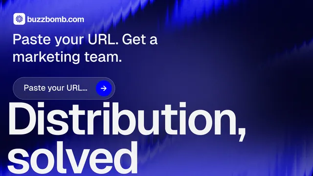 Landscape graphic for BuzzBomb: "Distribution, solved." Agentic glass style, oversized layout, dark palette in blue.