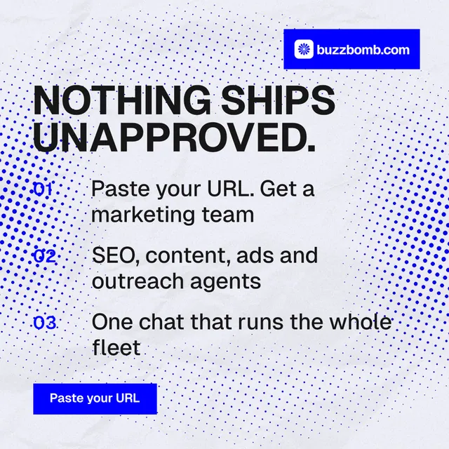 Instagram post for BuzzBomb: "Nothing ships unapproved." Swiss style, numbered layout, light palette in white, blue.