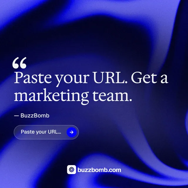 Instagram post for BuzzBomb: "Get a marketing team." Agentic glass style, quote layout, dark palette in black, blue.