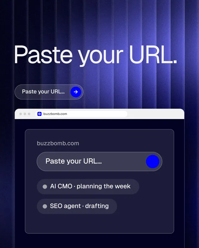 Instagram portrait post for BuzzBomb: "Paste your URL." Agentic glass style, browser layout, dark palette in blue, black.