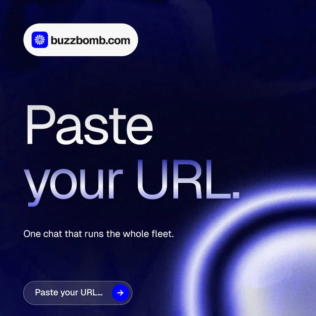 Instagram post for BuzzBomb: "Paste your URL." Agentic glass style, announce layout, dark palette in black, blue.