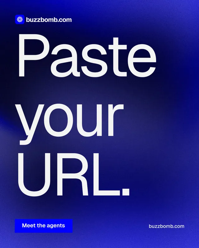 Instagram portrait post for BuzzBomb: "Paste your URL." Swiss style, poster layout, dark palette in blue, grey.