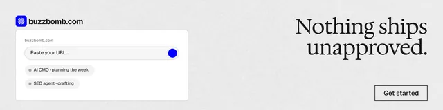 LinkedIn banner for BuzzBomb: "Nothing ships unapproved." Editorial style, right layout, light palette in white.