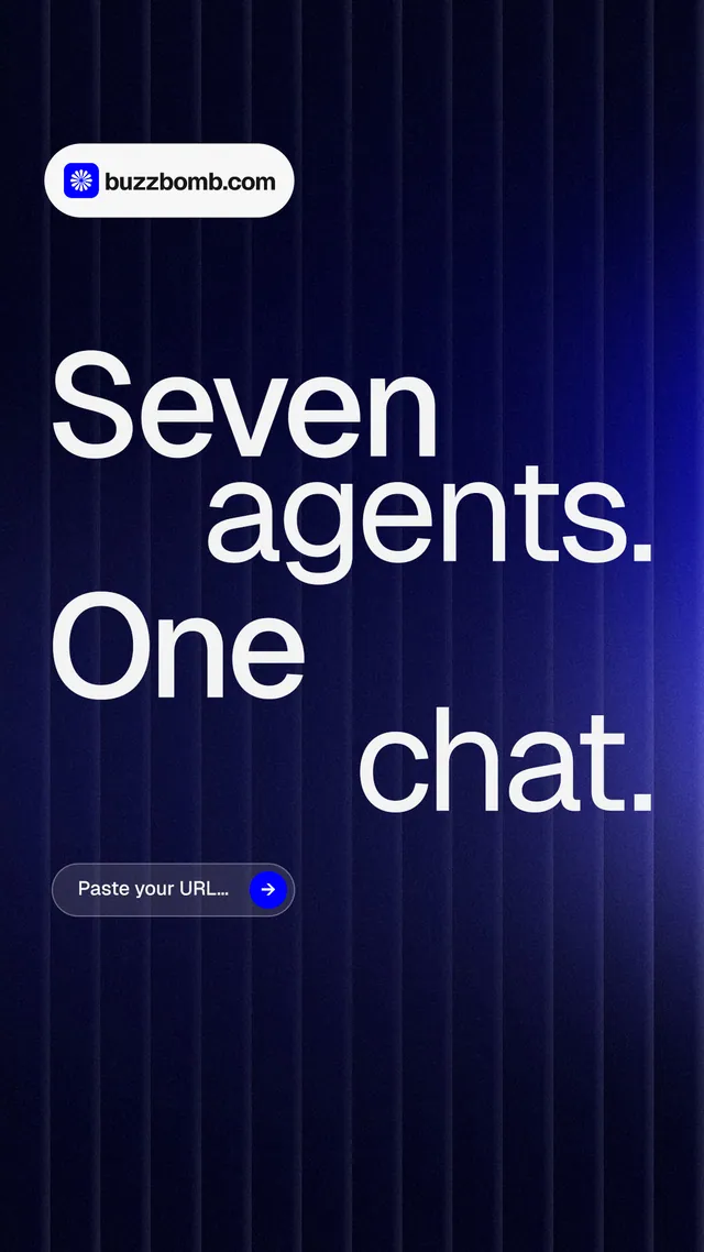 Instagram story for BuzzBomb: "Seven agents. One chat." Agentic glass style, stacked layout, dark palette in black, blue, grey.