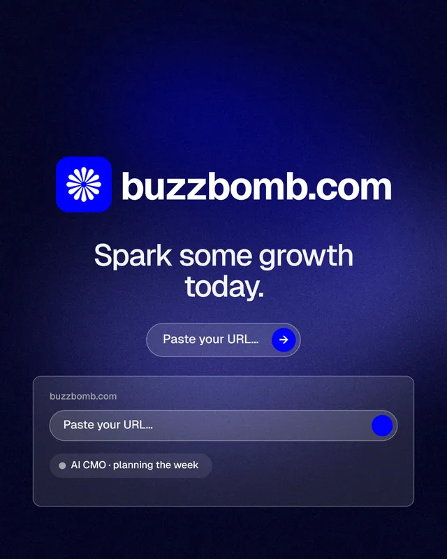 Instagram portrait post for BuzzBomb: "Spark some growth today." Agentic glass style, logo hero layout, dark palette in black, blue.