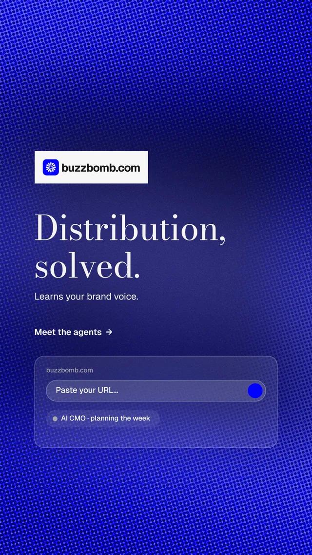 Instagram story for BuzzBomb: "Distribution, solved." Minimal luxury style, announce layout, dark palette in blue.