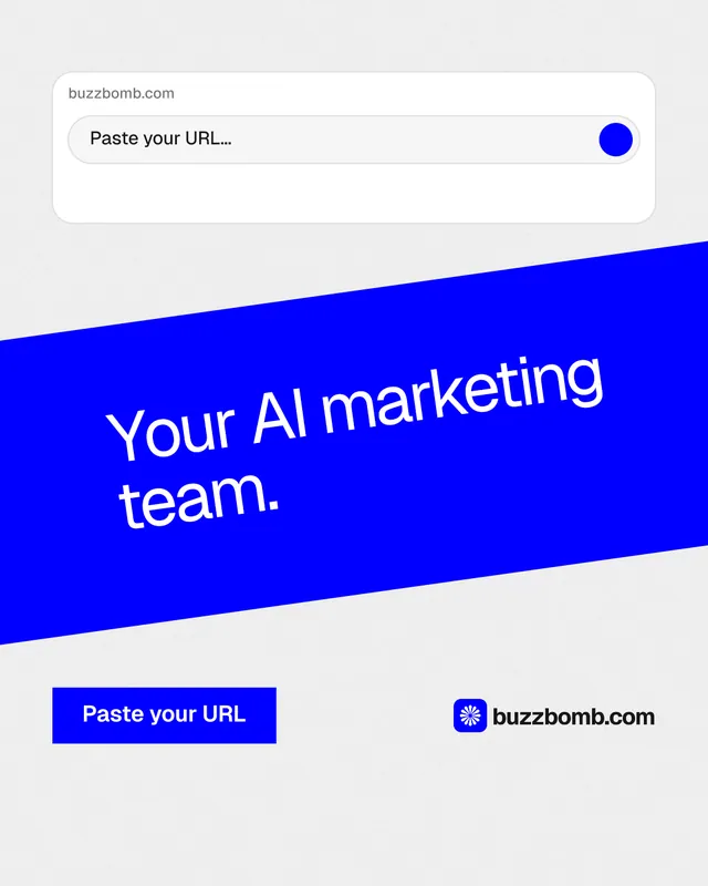 Instagram portrait post for BuzzBomb: "Your AI marketing team." Swiss style, diagonal layout, light palette in white, blue.